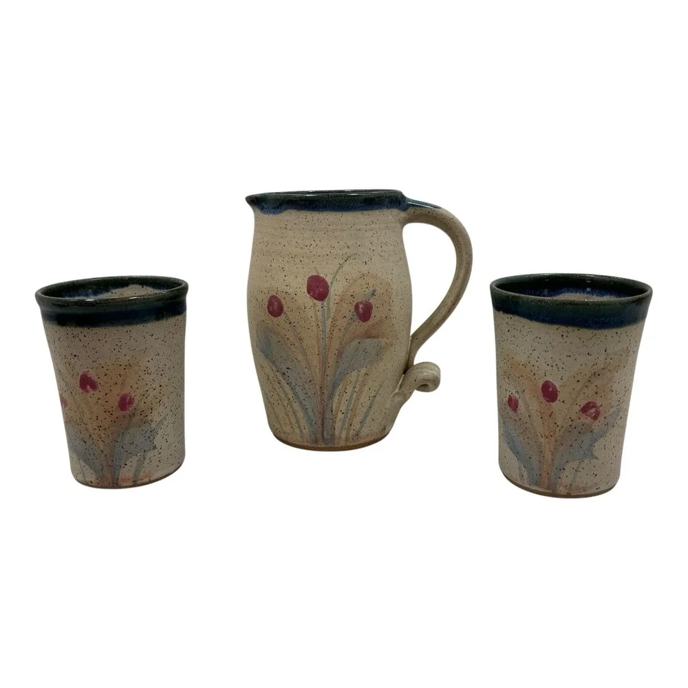 Vintage Pottery‎ Floral Pitcher Cups by Russell Wood of Seagrove NC Signed 2005